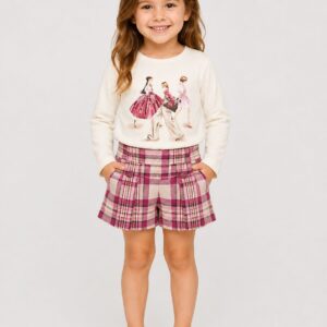 Mayoral Ivory top and plaid pink shorts